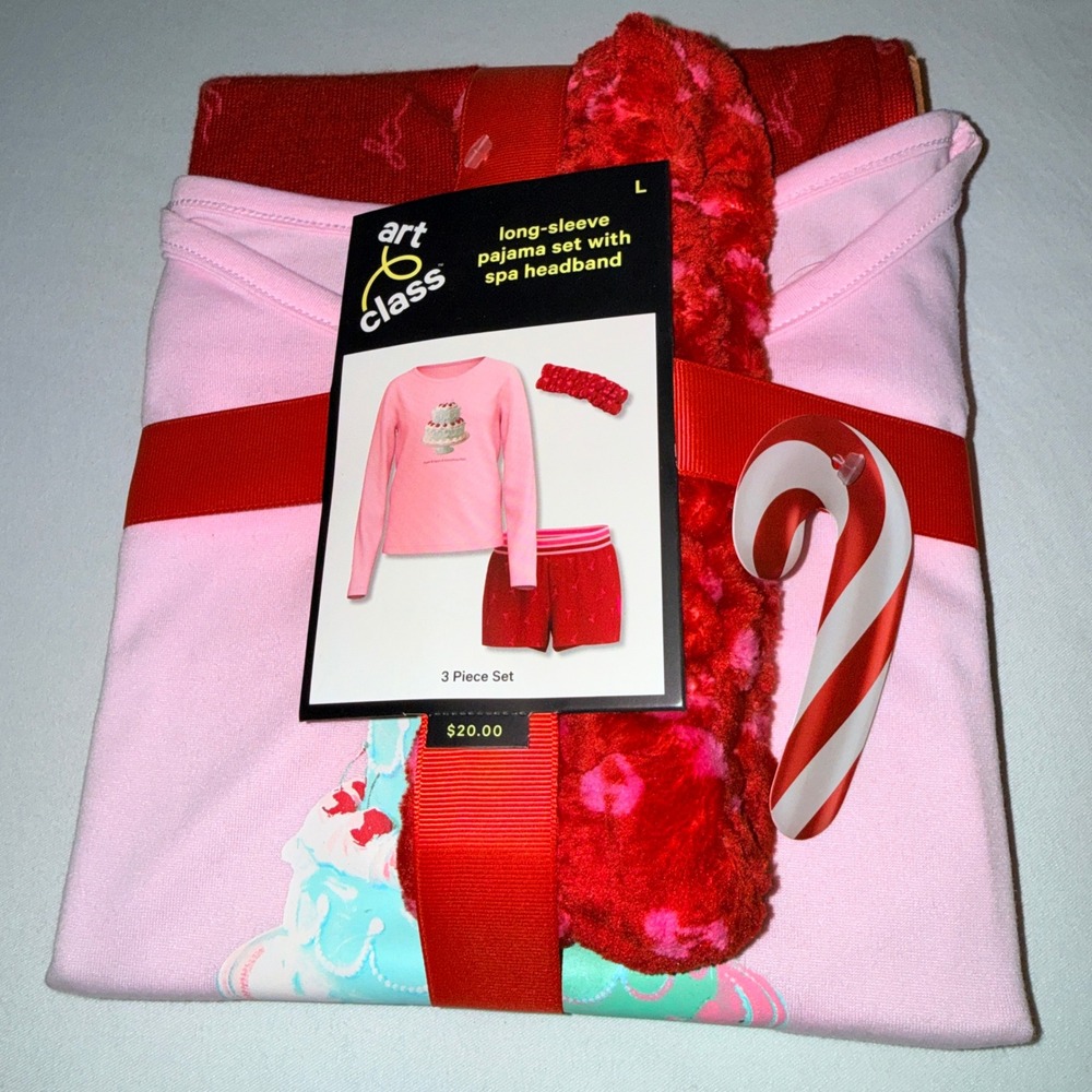 Art Class Pajama Set Kids Large Pink New 3pc Long Sleeve Shorts Spa Headband‎
